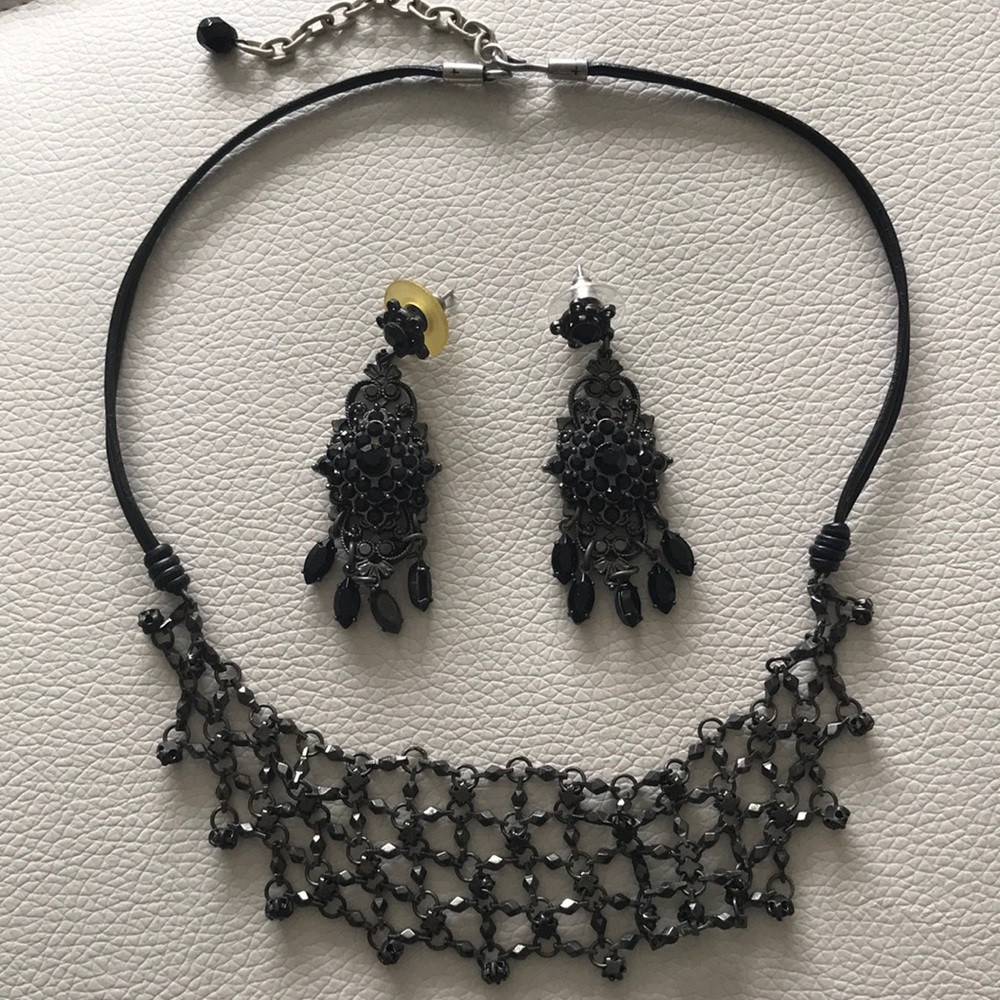 Black Jeweled Choker Necklace &  Earrings